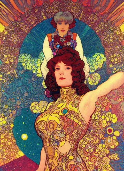 Prompt: fractal cosmonaut girl, poster art by Victor Moscoso Dan Mumford Kilian Eng Hannah Jeffrey Smith Rick Griffin Alphonse Mucha Gustav Klimt Ayami Kojima Amano Charlie Bowater