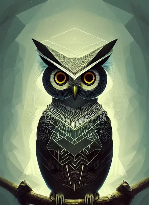 Image similar to portrait of a geometric owl, identical eyes, medium shot, illustration, full body made of white feathers, symmetrical, art stand, super detailed, cinematic lighting, and its detailed and intricate, gorgeous, by peter mohrbacher