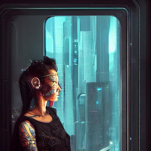 Image similar to portrait of cyberpunk woman looking out of a window, cyberpunk setting, futuristic, highly detailed, intricate lighting, digital painting, sharp focus, illustration, trending on artstation, by rob rey