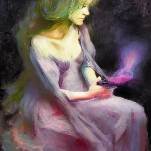 Image similar to A conceptual art. A rip in spacetime. Did this device in her hand open a portal to another dimension or reality?! misty rose by Leon Kossoff, by Anders Zorn, by Android Jones lush