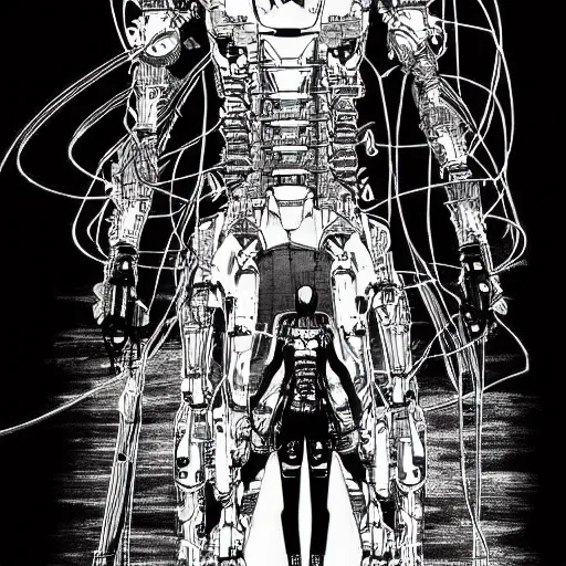 Image similar to a vertical portrait of a manga character in a scenic environment by nihei tsutomu, black and white, cybernetic armor, highly detailed