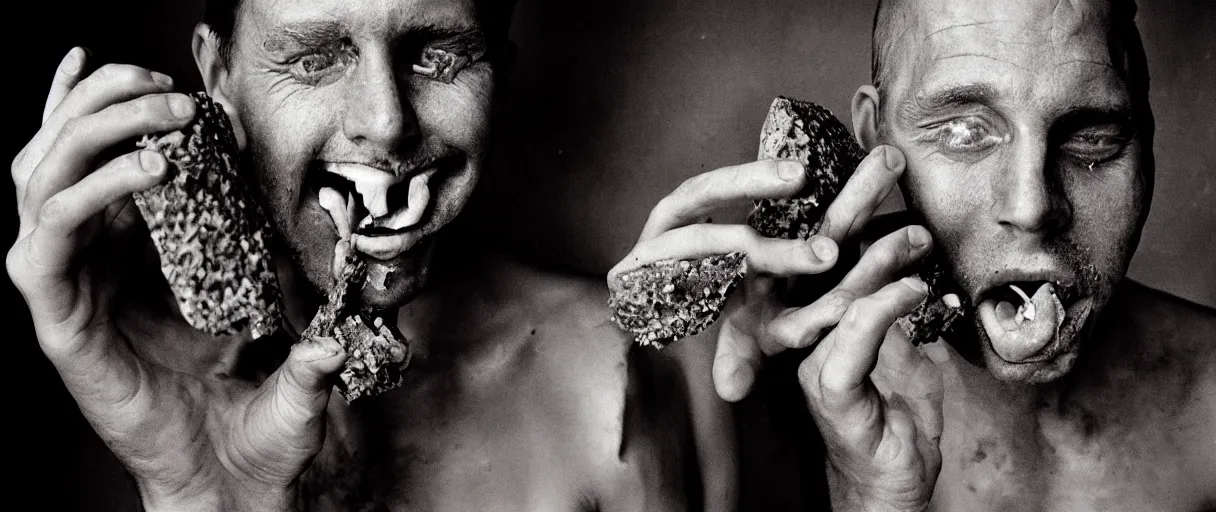 Prompt: award winning photo of a soulless man eating dry bread, vivid colors, happy, symmetrical face, beautiful eyes, studio lighting, wide shot art by sally mann & arnold newman