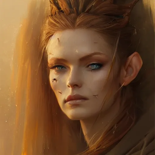 Image similar to A head-on detailed oil portrait of a pretty elf woman with small cuflhcopper horns, long blonde hair and bright irises, by greg rutkowski, trending on artstation, dungeon and dragons art