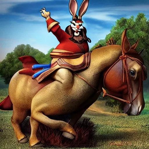 Prompt: big chungus on horseback, ancient rabbit mongol warrior, the scourge of eurasia, very smug fat bugs bunny mongol