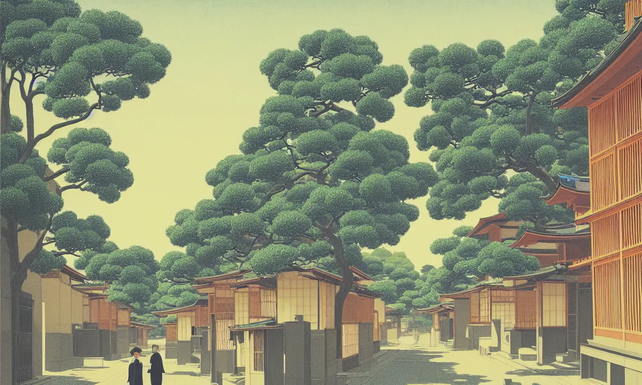 Image similar to an achingly beautiful print of a quiet street in Kyoto Japan with temples and plants, water fountains, magical details, by Raphael, Hopper, and Rene Magritte. detailed, romantic, enchanting, trending on artstation.