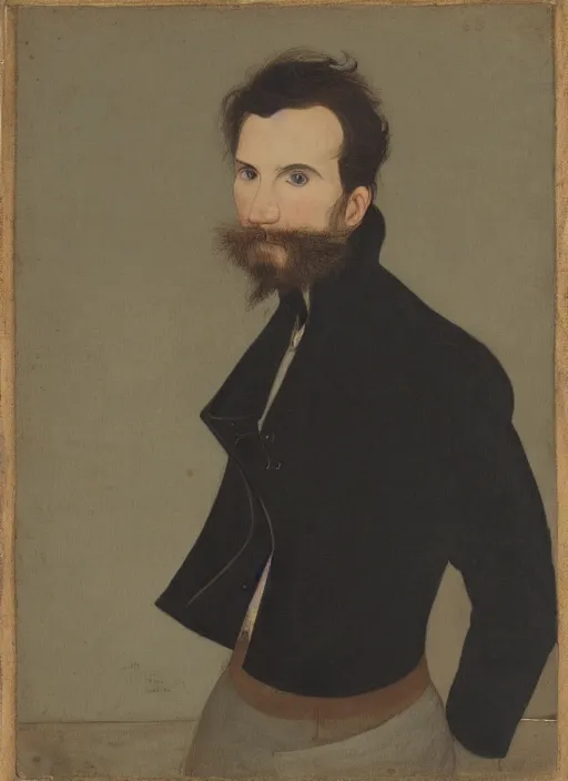 Prompt: portrait of handsome young elf with brown eyes brown hair and a short neat beard by charles angrand, only one head single portrait, pointy ears, wearing a black leather collared jacket