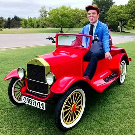 Image similar to Archie Andrews driving a red Ford Model T