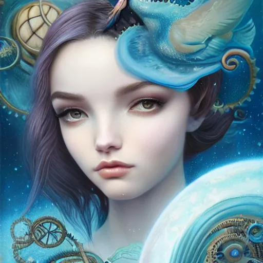 Prompt: tom bagshaw, ocean depths cosmic waves curiosities in steampunk lovecraftian world, beautiful asian mix of dove cameron madison beer bella poarch in a full dress, pure makeup, professionally retouched, focus eyes, ultra realistic soft painting, insanely detailed linework, symmetrical accurate intricate features, behance, 8 k