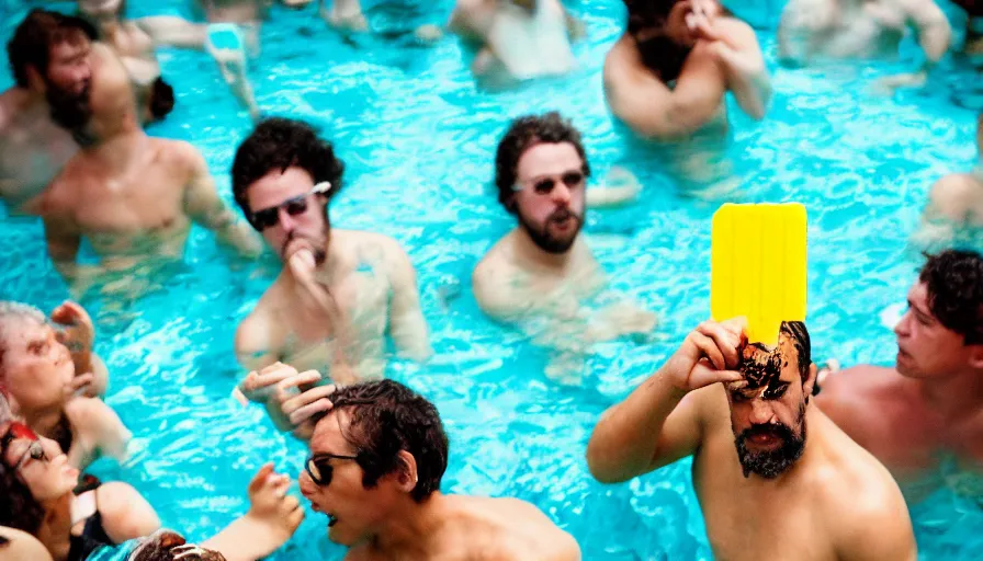 Image similar to Socrates eating a translucent turquoise hemlock popsicle at the last pool party he will ever attend, he is comforted by his disciples, large cloud of fire engulfs him, in the style of Martin Parr The Last Resort, ring flash closeup photograph