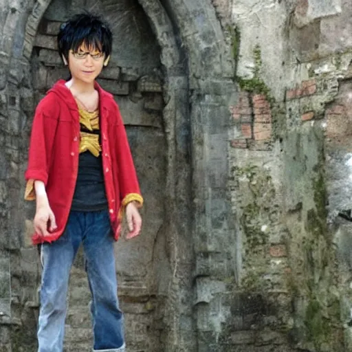 Prompt: luffy in the harry potter universe far away at some ruins from a castle. a wizard is already there and summons a portal that would take me back home, reallife