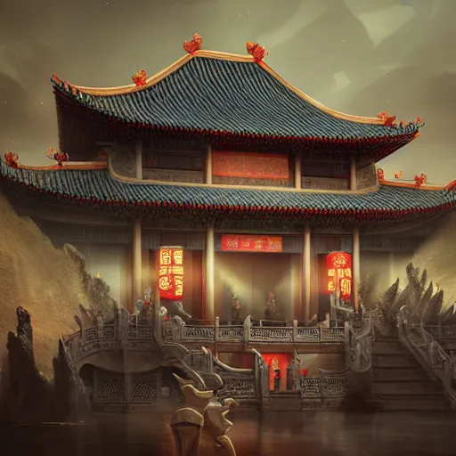 Image similar to tang dynasty palace by peter mohrbacher and dan mumford and nekro, cgsociety, volumetric light, 3 d render ， - h 6 4 0