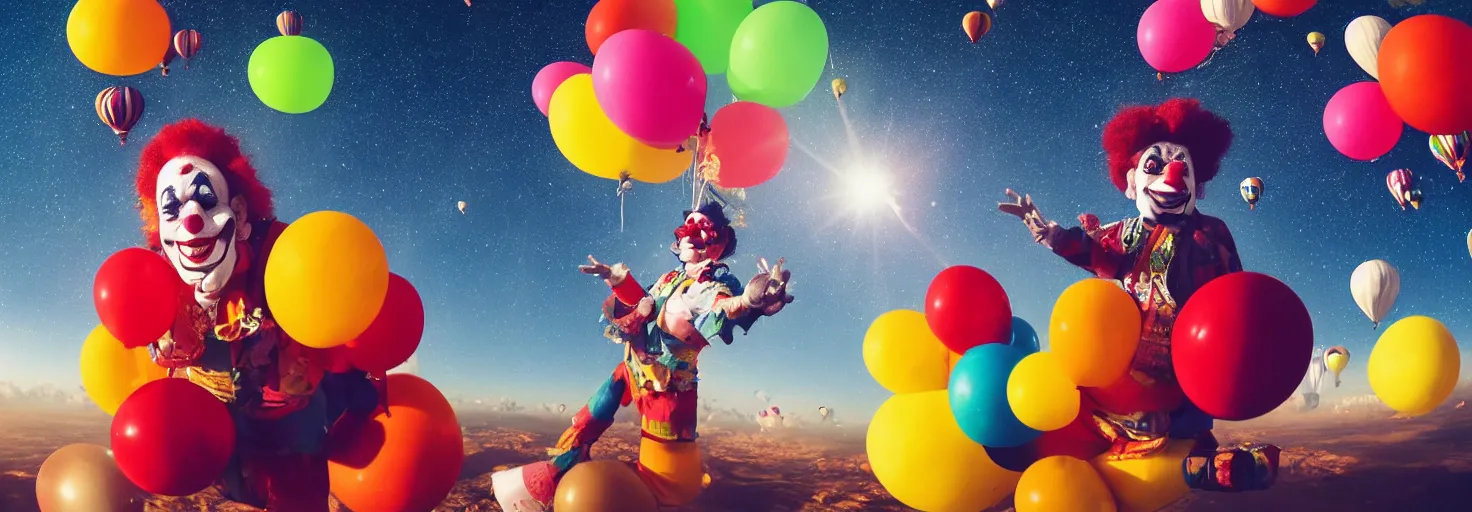 Prompt: A clown and balloons floating in space, planet Earth in the background, inspiring, epic, cinematic, award-winning, highly-detailed