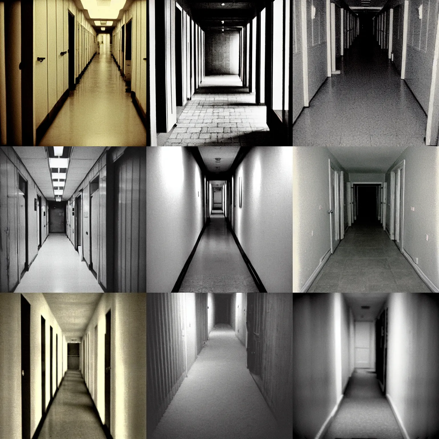Prompt: endless hallway 1 9 9 0 s kitchen photo film grain noise creepy