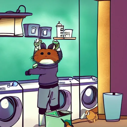 Prompt: Tanuki doing his laundry, anime style