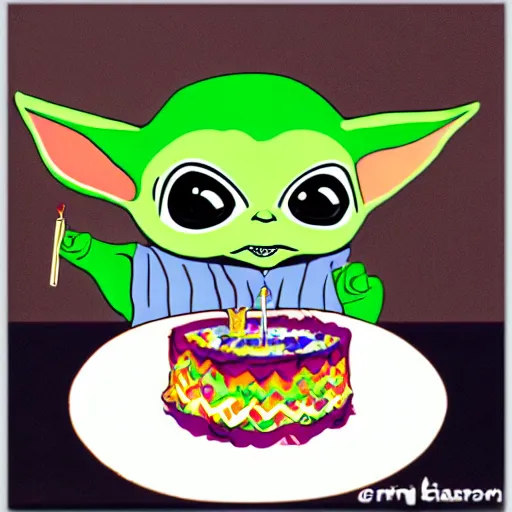 Image similar to (baby yoda grogu) smashing birthday cake into his face, happy birthday, happy birthday candles, mischievous, inquisitive, devious, hilarious, funny, birthday wrapped PRESENTS, artwork by Erin Hanson