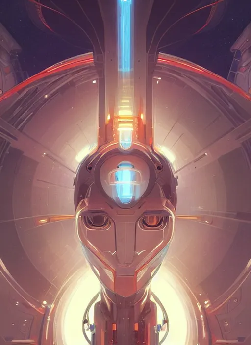 Image similar to symmetry, hi - tech robot in a spaceship intricate, elegant, highly detailed, digital painting, artstation, concept art, smooth, sharp focus, illustration, art by artgerm and greg rutkowski and alphonse mucha