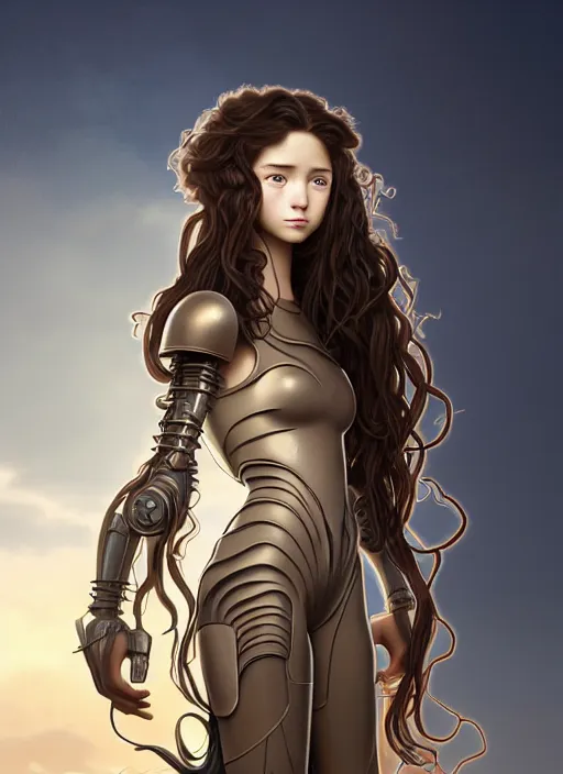 Image similar to young mysterious girl with long curly hazelnut hair, perfectly proportioned face, brown eyes, strong jawline, natural lighting, path traced, highly detailed, high quality, cartoon, digital painting, by new haicheng and studio ghibli and alphonse mucha wearing an alien armor designed by h. r. giger