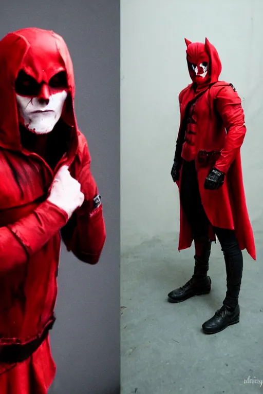 Image similar to red hood cosplay, creepy, disturbing, bloody, darkness, grainy