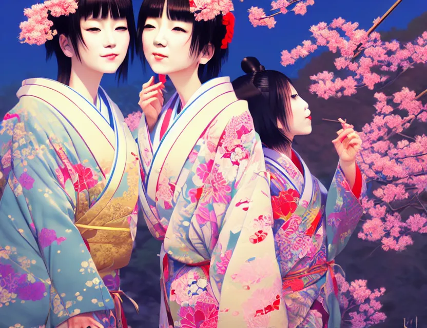 Image similar to two beautiful charming japan girls wear arty kimono in festival | | sunny night, full moon, dreamlike art, realistic shaded, smile, good looking, hyper details, 4 k realistic, cryengine, realistic shaded lighting poster by ilya kuvshinov, fuji choko, ross tran, 8 k resolution, trending on artstation, luxury