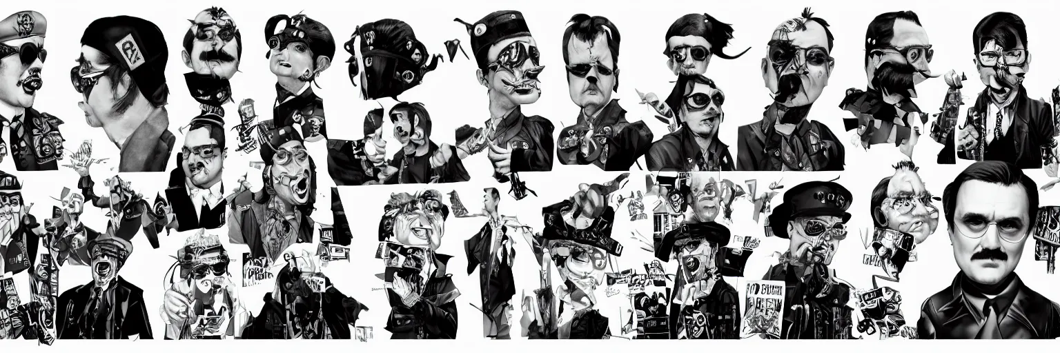 Prompt: character study of mike patton and adolf hitler dressed as a punk rock singer, clear, evil, glasses, character sheet, fine details, concept design, contrast, kim jung gi, da vinci and pixar, trending on artstation, 8 k, full body and head, turnaround, front view, back view, ultra wide angle