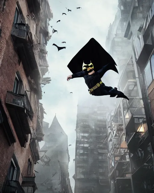 Prompt: epic action still of baby yoda wearing batman outfit as batman hanging upside - down from building in atmospheric alleyway in the style of batman the dark knight rises, 8 k backlit