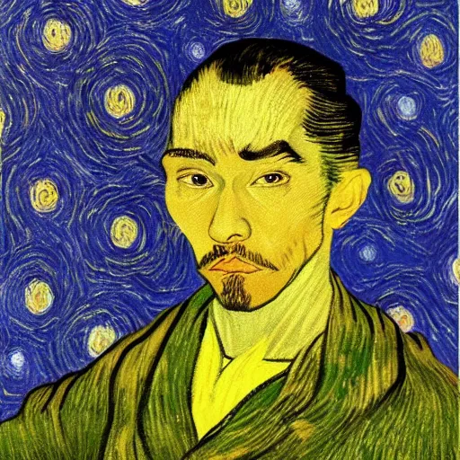 Image similar to an artistic portrait of armond of the white lotus, high quality, studio photography, colorful, hero, heroic, beautiful, in the style of vincent van gogh