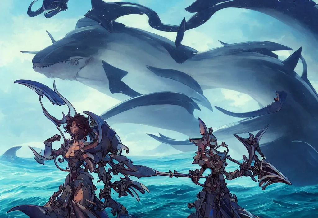 Image similar to close up of a extremely beautiful and aesthetic mech armor witch holding a symmetrical trident, perfect face, symmetrical eyes, back shark fin, horizon, model pose, slightly smiling, blue sky, big wave, big blade whale and big giants minotaurus, epic scene, bright color, fantasy illustrations, by peter mohrbacher and makoto shinkai and ferdinand knab