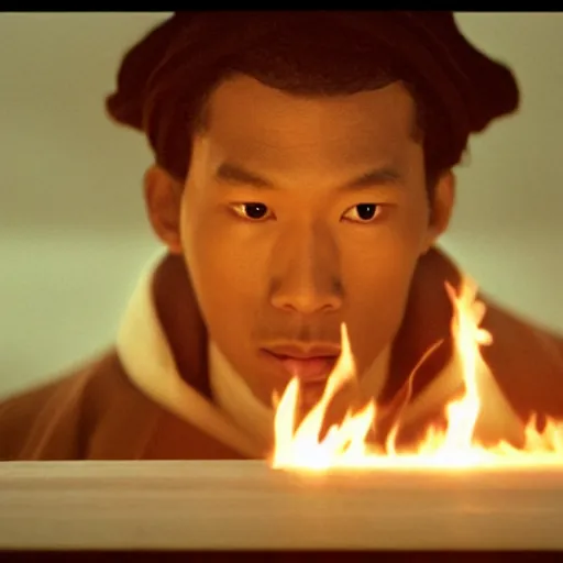 Prompt: cinematic film still of Young Thug starring as a Japanese Sensei with fire, Japanese CGI, VFX, 2003, 40mm lens, shallow depth of field, film photography