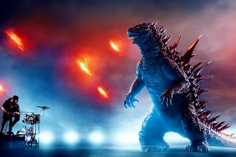 Image similar to godzilla playing the drumset, rock music, concert lights, dynamic photo, still shot from the new godzilla movie