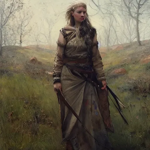 Prompt: Richard Schmid and Jeremy Lipking full length portrait painting of A shield-maiden (Old Norse: skjoldmø [ˈskjɑldˌmɛːz̠]) was a female warrior from Scandinavian folklore and mythology. Shield-maidens are often mentioned in sagas such as Hervarar saga ok Heiðreks and in Gesta Danorum. They also appear in stories of other Germanic peoples: Goths, Cimbri, and Marcomanni.[1] The mythical Valkyries may have been based on such shield-maidens. She carries a shield on one arm, and a spear in her other hand