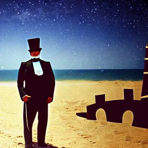 Prompt: the godfather wears a top hat and smiles. 5 0 mm, cinematic, technicolor. sea and beach and a sandcastle in the background. dark night sky with a lot of stars