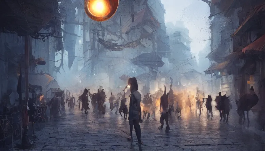 Image similar to street of prehistoric city lighten by torches during early evening, shadows, reflections, epic composition, intricate, elegant, volumetric lighting, digital painting, highly detailed, artstation, sharp focus, illustration, concept art, ruan jia, steve mccurry