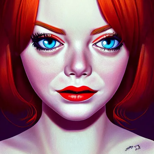 Prompt: emma stone portrait, cartoon face, doll face, glam, character art, digital illustration, big eyes, triangular face, semirealism, ealistic shaded perfect face, fine details, realistic shaded lighting, poster by vince ruz and samdoesarts and sam yang