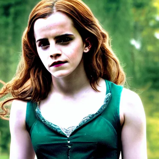 Prompt: emma watson as hermione granger as the wicked witch of the west, green skin, smirking