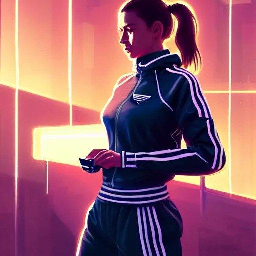 Image similar to portrait of attractive slav heroine wearing an addidas tracksuit with a phone in hand. illuminated phone screen, slav building in backround, by greg rutkowski and wlop, detailed, cinematic, 8 k, intricate, rule of thirds.