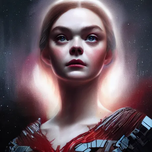 Prompt: head and shoulders portrait of modern darna, elle fanning in dead space, intricate, elegant, dark vibes, highly detailed, digital painting, artstation, glamor pose, concept art, smooth, sharp focus, illustration, art by wlop, mars ravelo and greg rutkowski