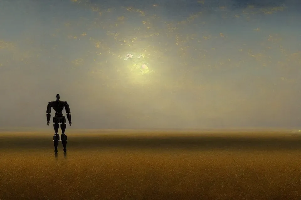 Image similar to concept art of the closed back view of one humanoid robot on the ground, many closed big tall buildings, vast wheat fields, by Ivan Aivazovsky, godrays, atmospheric, cinematic, distant world, wide angle, detailed