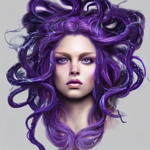 Prompt: Portrait of Medusa, Ancient Greece, face, flowing hair, fantasy, intricate, elegant, beautiful, magical, large blue eyes, luminescent, enchanted, purple mist, highly detailed, hyper realistic, digital painting, artstation, concept art, smooth, sharp focus, 4k, 8k