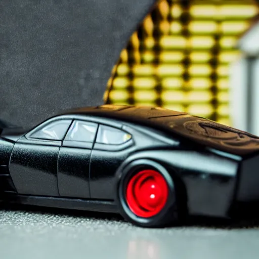Image similar to 5 5 mm photo of metallic black batman car like hot wheels model with a batcave as background