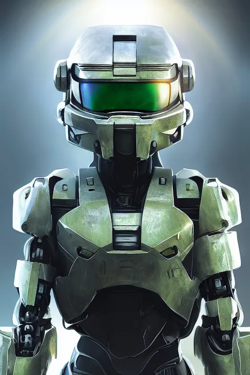 Image similar to robot ninja mask helmet halo master chief radiating a glowing aura global illumination ray tracing hdr fanart arstation by ian pesty and katarzyna da „ bek - chmiel