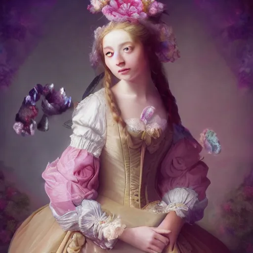 Image similar to 8 k, octane render, realism, tonalism, renaissance, rococo, baroque, portrait of a young - lady wearing long manga dress with flowers and skulls, cotton candy!! ( background chaotic flowers )