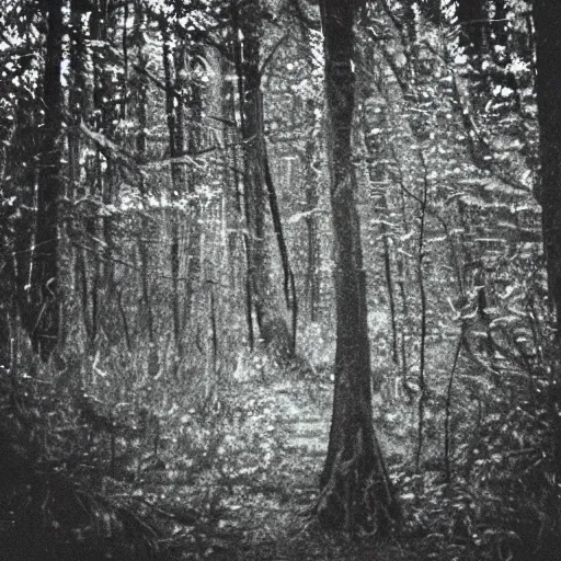 Image similar to grainy trail cam photo still of an alien in the woods at night hiding in the trees of a forest