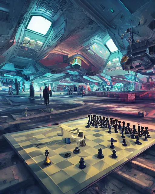 Cyber punk art of a chessboard in a city landscape