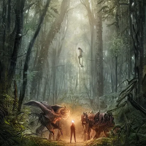 Image similar to a man gets lost in the forest 1 0, 0 0 0 years ago, realistic, high definition, 4 k, shimmering color, hyper detailed, art of greg rutkowski and magali villeneuve and artgerm