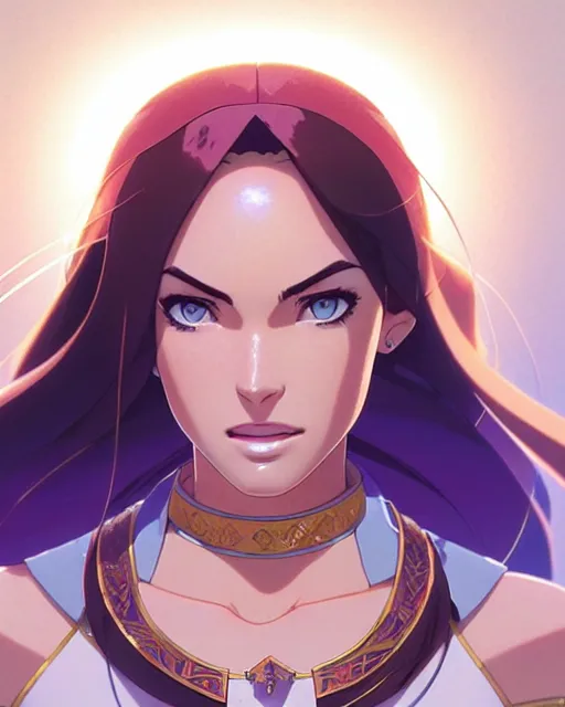 Image similar to azctec princess, megan fox, gemstone forehead, detailed perfect face, exquisite details, fire magic, mid view, design on a white background, by studio muti, greg rutkowski makoto shinkai takashi takeuchi studio ghibli