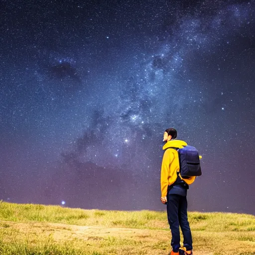 Prompt: a man wearing a backpack looking at the universe