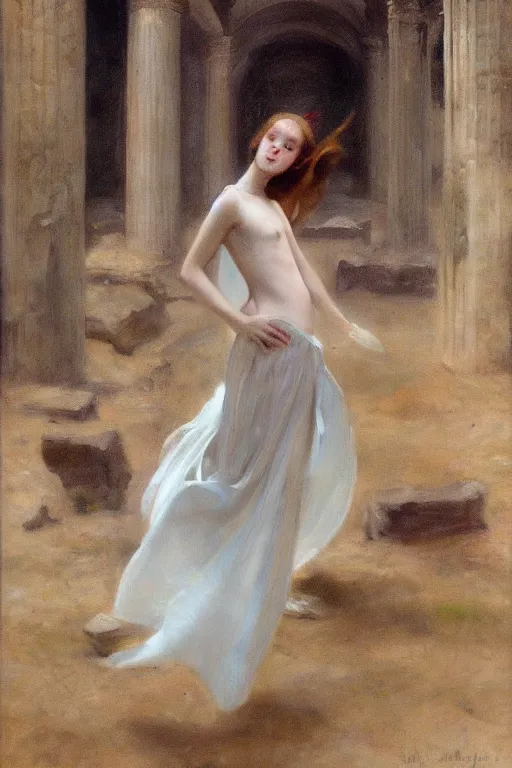 Prompt: ethereal girl dancing amidst ancient ruins in the style of john singer sargent