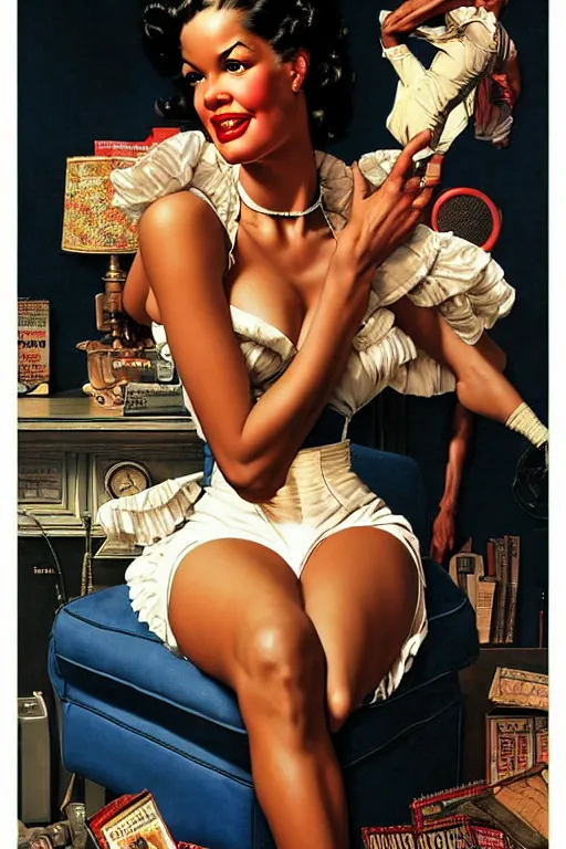 Image similar to skinny denzel washington by gil elvgren and norman rockwell and rob gonsalves and hajime sorayama, hyperrealistic, high detail, ultra detailed, highly detailed face, ruffled fabric