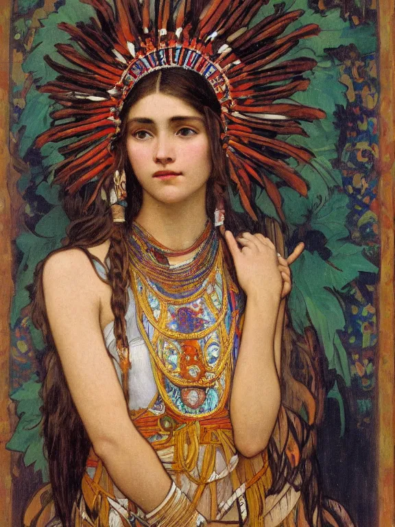 Image similar to an art nouveau painting of a pretty young native mayan woman dressed in a traditional, modest coat of beads and feathers and an elaborate headdress, in front of an aztec calendar, by alphonse mucha and james gurney and john william waterhouse