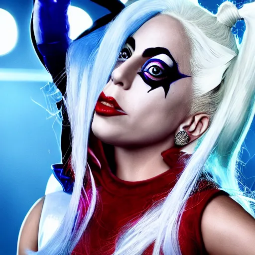 Image similar to Lady Gaga as Harley Quinn hyper realistic 4K quality